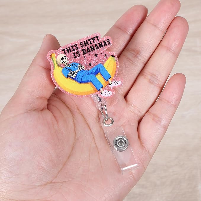 This Shift is Bananas Funny Skeleton Nurse Badge Reel, Pink Cute Radiology X-Ray Tech Retractable ID Badge Holder, Name Tag Badge Clip for RN CT ED ICU ER RAD Night Shift Nurse Radiologist Workers