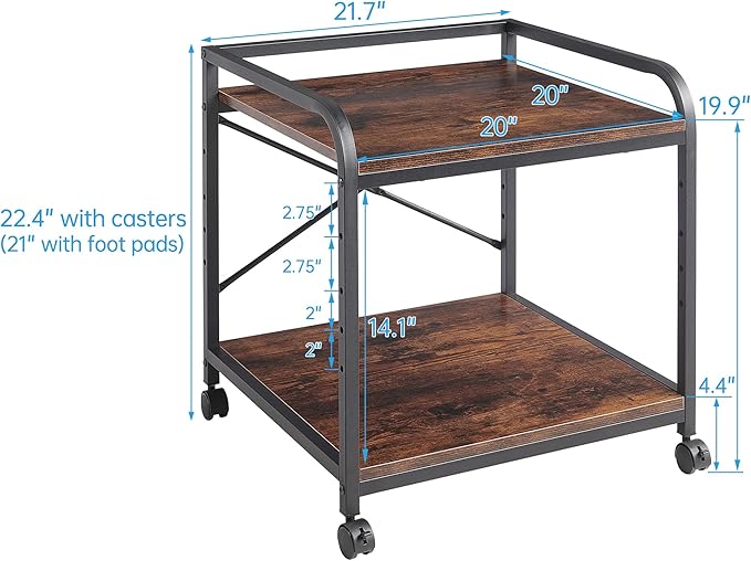 Fannova Under Desk Printer Stand, 20 Inches Deep Large Printer Table with Height Adjustable Storage Shelf, 2 Tier Rolling Printer Cart with Wheels for Home Office - Rustic Brown