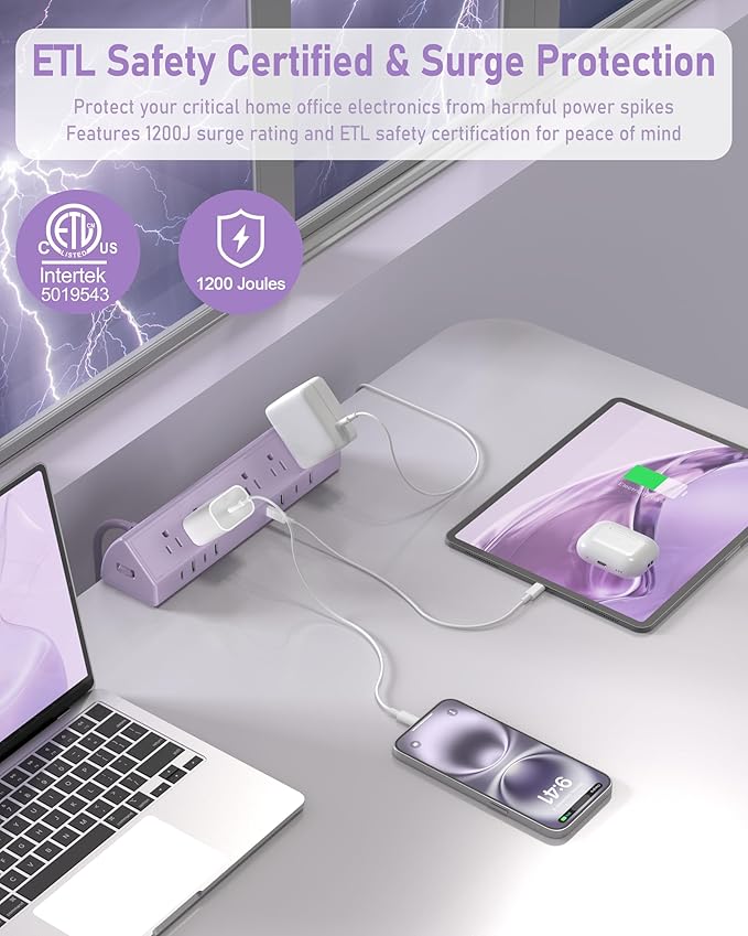 Jgstkcity Desk Clamp Power Strip,45W Fast Charging Station,4 USB-C,4 USB-A,1200J Surge Protector,ETL Listed,1875W Extension Cord,Multiple Outlets for Home, Office (Purple, 10 FT Cable)