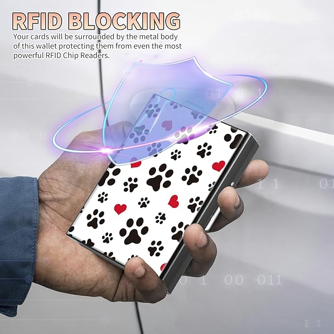 BWEGRHE Slim Credit Card Holder, Cute Dog Paw Prints RFID Blocking Metal Wallet for Men & Women, Aluminum Minimalist Hard Case Pocket-Sized Business Cards Organizer (Fits Up to 10 Cards)