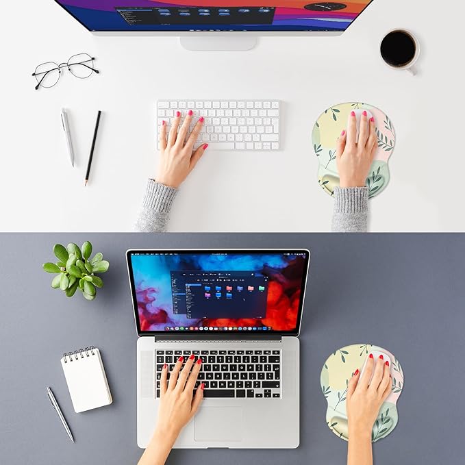 ITNRSIIET Ergonomic Mouse Pad with Comfort Gel Wrist Rest, Non-Slip PU Base, Smooth Textured Surface, Reduces Hand Fatigue & Wrist Pain, 8.7 x 7.2 Inch for Office Gaming Home, PastelFoliage