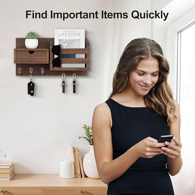 Lwenki Wall Mount Key Holder with Mail Organizer, 100% Paulownia Wood, 7 Metal Hooks, Storage Drawer, Entryway Home Decor (Brown)
