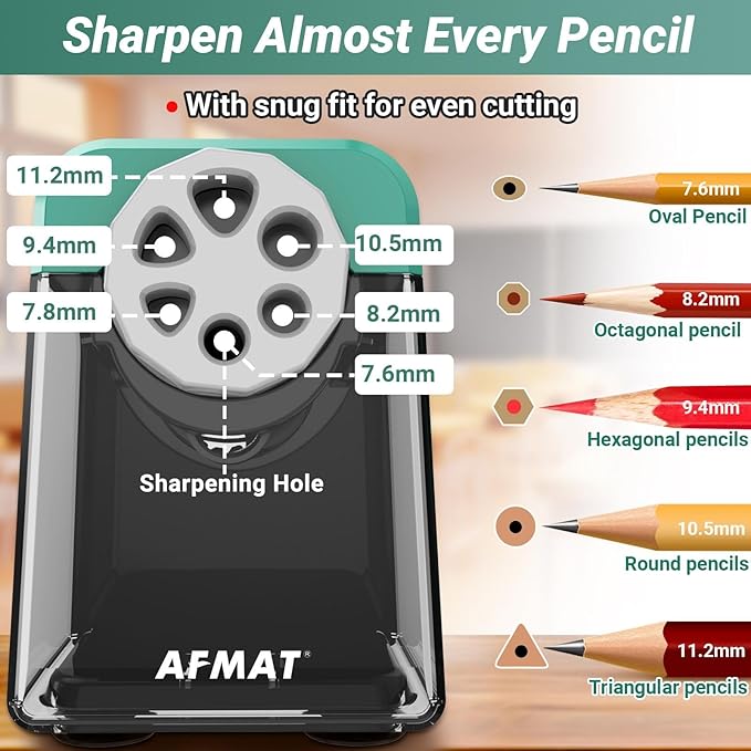 AFMAT Heavy Duty Electric Pencil Sharpener, 6 Holes, Auto Stop Pencil Sharpeners for 6-11mm Pencils, Classroom Electric Sharpener for Artists, 7000 Sharpenings, Save Pencils, PSX1