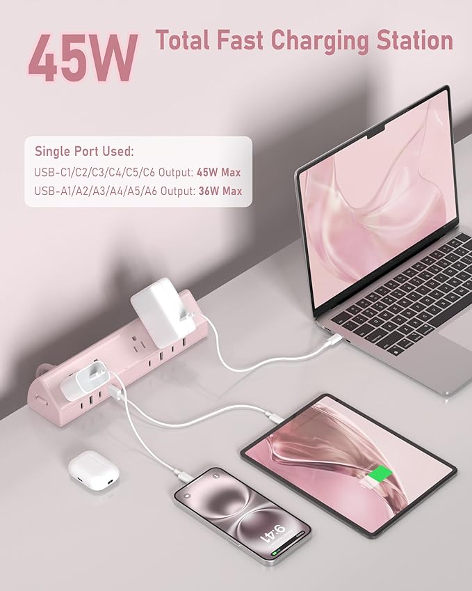 Jgstkcity Desk Clamp Power Strip,45W Fast Charging Station,4 USB-C,4 USB-A,1200J Surge Protector,ETL Listed,1875W Extension Cord,Multiple Outlets for Home, Office (Pink, 10 FT Cable)