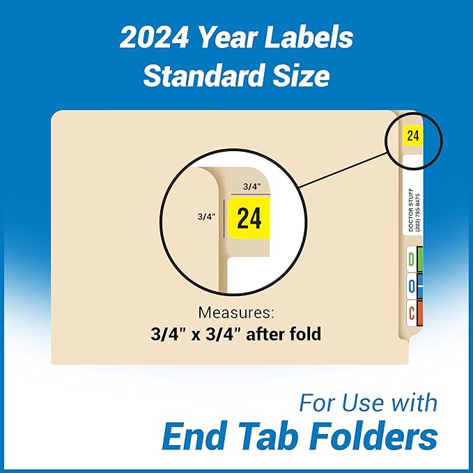 2024 Year Labels, Doctor Stuff 2024 Chart Stickers, Fluorescent Yellow Color Coded, USA Made Year Stickers for End Tab File Folders, 500 Labels per Roll, 1 Roll, 3/4" x 1-1/2"
