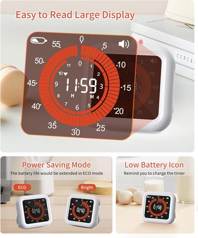 MeesMeek Digital Visual Timer - Max 11H 59M Rechargeable Countdown Timer with VA Display, Clear Digits, Adjustable Volume and Brightness, Magnetic Digital Timer for Kitchen, Classroom, Office (White)