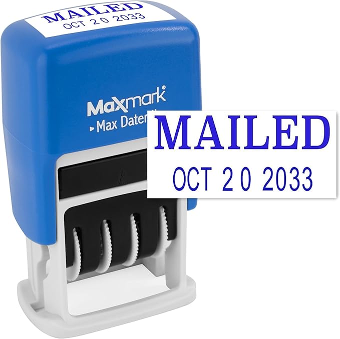 MaxMark Self-Inking Rubber Date Office Stamp with MAILED Phrase & Date - Blue Ink (Max Dater II), 12-Year Band