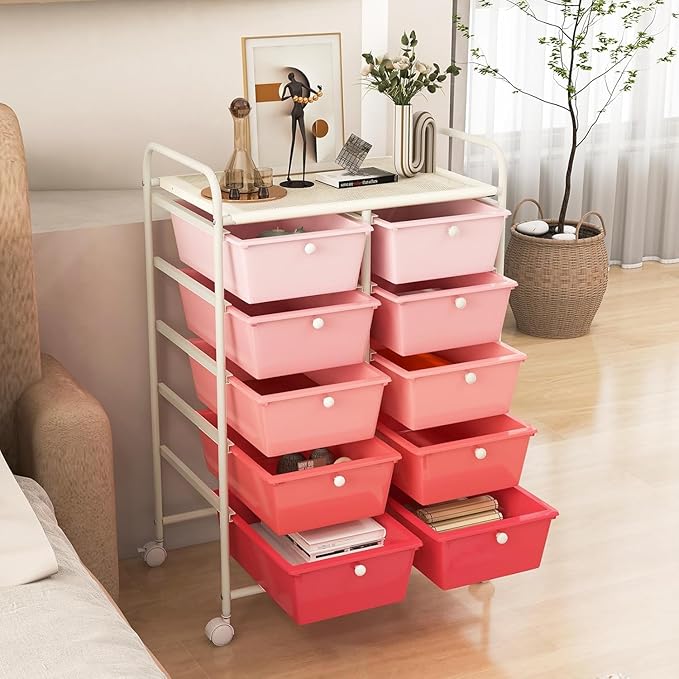 LDAILY 10 Drawer Rolling Cart, Storage Cart Organizer on Wheels, Drawer Cart with Metal Frame & Large Storage Capacity, Rolling Cart with Drawers for Living Room Classroom, Office