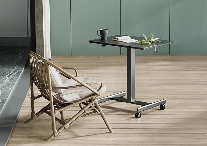 YDN Mobile Mobile Standing Desk, Adjustable Height Portable Laptop Desk with Lockable Wheels, 25.5" x 18.8" Rolling Desk with Hook for Computer Workstation, Black