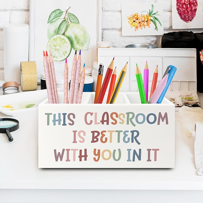 XPH Boho Classroom Pen Pencil Holder Organizer for Desk, Inspirational Gifts, This Classroom is Better with You In It Wooden Box Sign for Home Office Desk Tabletop Decorations