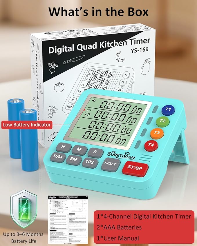 Digital Kitchen Timer for Cooking - 4 Channel Count Up Countdown Timer with Loud Alarm and Silent Mode, Large Display, Magnetic Back, Auto Memory for Classroom Study Gym, Battery Included (Mint Green)