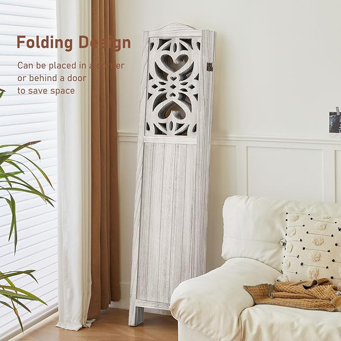 ALeesing 6 Panel Room Divider Fully Assembled, Carved Room Dividers and Folding Screens, 5.6Ft Wood Room Divider Screen Freestanding Partition Wall Dividers for Home Bedroom Office, Rustic White