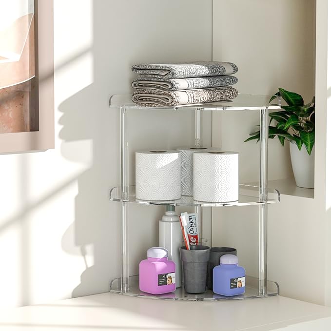 Sezanrpt 3 Tier Acrylic Corner Shelf Organizer Storage 9.5x9.5x15.7 Inch, Transparent Countertop Corner Shelf for Bathroom, Kitchen, Bedroom, Office, Study Room