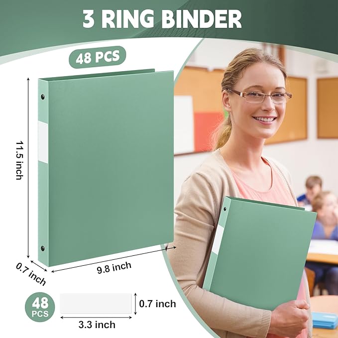Henoyso 48 Pcs 3 Ring Binder 0.5 Inch Round Fits Letter Size 8.5'' x 11'' Paper Plastic Flexible Binder Bulk Holds 140 Sheets with 1 Pockets Versatile Organizer for Home Office School (Sage Green)