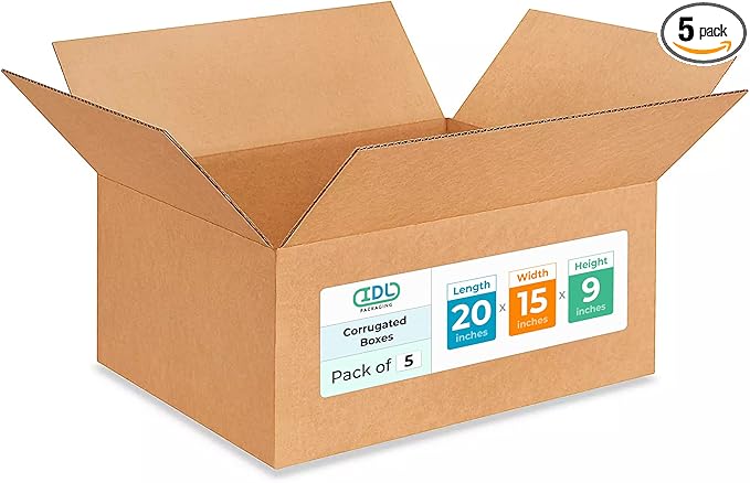 Large Moving & Shipping Boxes 20 x 15 x 9 inches (5-Pack) - Extra Strength 200 lb vs Regular - Corrugated Strong Moving Boxes - Large Packing Box for Shipping by IDL Packaging