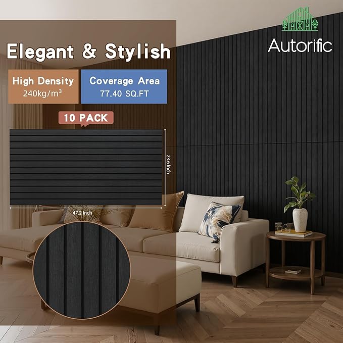 AUTORIFIC Wood Veneer Sound Panels, 10 Pack 47.2”x23.6” Wall Panels, Decorative Acoustic Panels for Walls, for Office,Home Theater,Studio,Living Room, Smoky(Mitred)