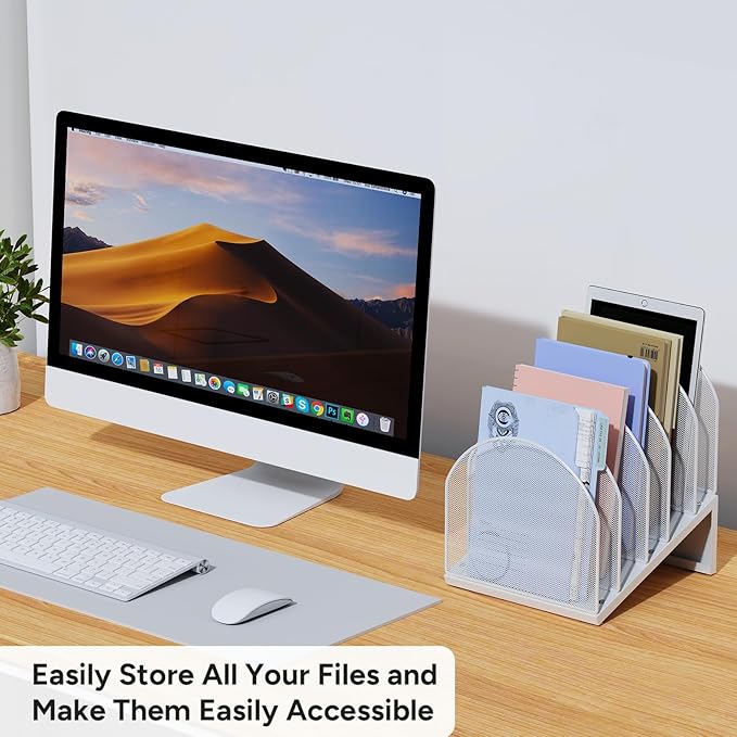 OUTIOE 5-Section Desk File Organizer, Metal Mesh Folder Organizer for Documents, Mail & Office Papers (White)
