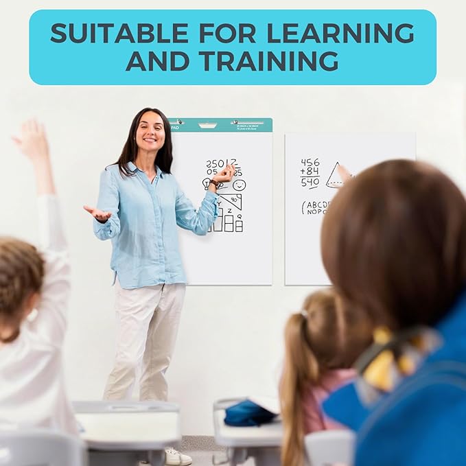 FAHKNS Sticky Easel Pad，Large 25x30 Inch Self-Adhesive Teacher'S Flip Chart Paper, Easel Pad with Dry Erase Surface for Classroom/Office, White, 30 Sheets/Pad, 6 Pads/Pack
