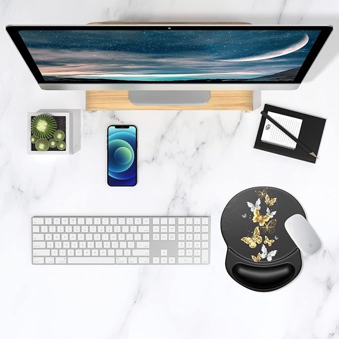 ITNRSIIET Ergonomic Mouse Pad with Gel Wrist Support Small Wrist Rest Smooth Surface Non-Slip PU Base Comfortable Office Supplies Pain Relief, 8.7 x 7.2 inches, Golden Butterfly