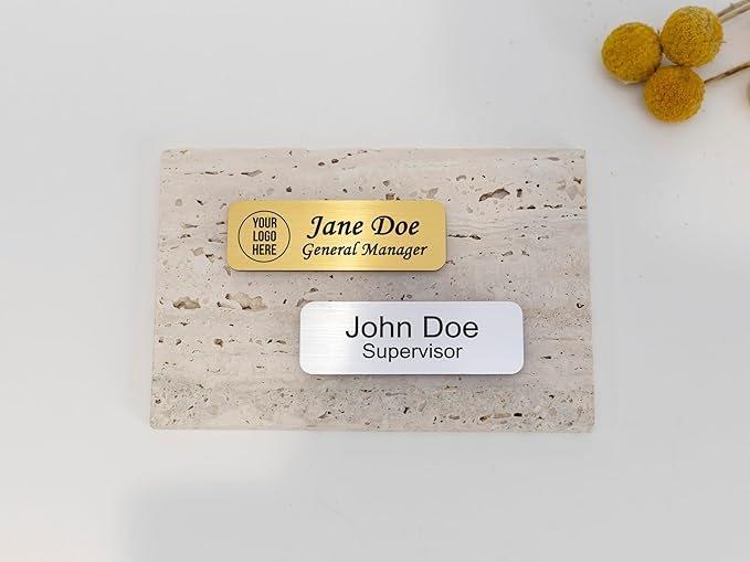 Custom Engraved ID Name Tag Badges Identification Personalized with Text & Logos, Metal Name for Clothing with Pin or Magnetic Backing Plates for Business and Employees (Only Text)