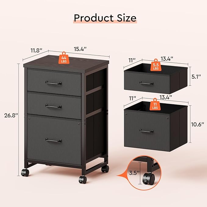 Maihail 3 Drawer Mobile File Cabinet with Wheels Fabric Vertical Filing Cabinet fits A4 or Letter Size for Home Office,Black