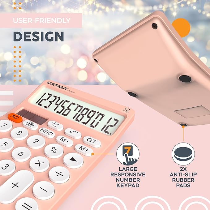 CATIGA 12 Digit Desktop Calculator Basic Desk Calculator with Large LCD Display, Big Buttons, 4 Function, Solar and Battery Dual Power, for Office, School, Home, SD-1292 Pink