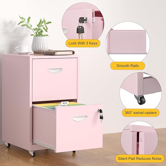 SteeLoong 2 Drawer File Cabinet with Lock，Pink Rolling File Cabinet for Home Office, Metal Small Mobile Filing Cabinets on Wheels for Hanging Letter