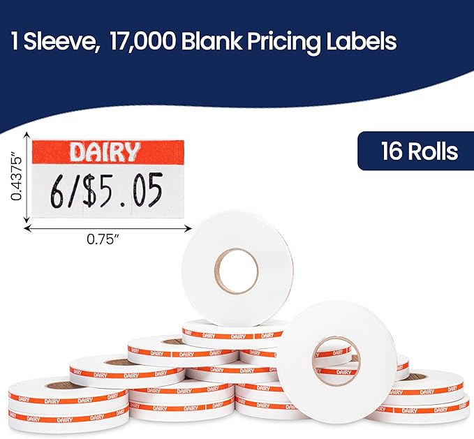 Perco Orange Reverse Print on White Dairy Labels to fit Monarch 1110 Price Gun - 16 Rolls, 17,000 Labels with Ink Roll Included