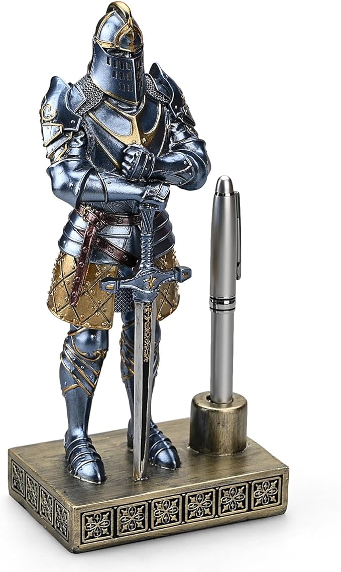 Amoysanli Knight Pen Stand Decoration Resin Pen Holder Art Craft Paperweight for Desktop Organizer Festival Gifts for Boyfriend Husband Dad Son(Blue)