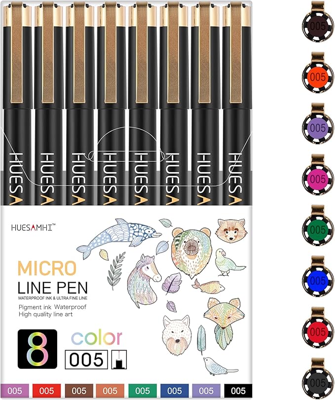 huesamhi 005 Micro Pen,8 Colors Waterproof Ink,FineLiner Pens for Art Illustration,Sketching, Anime, Bullet journal,and Technical Drawing
