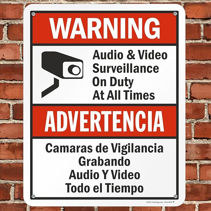 SmartSign 30 x 24 inch “Warning - Audio & Video Surveillance On Duty At All Times” Bilingual Sign, 80 mil Laminated Rustproof Aluminum, Red, Black and White, Made in USA