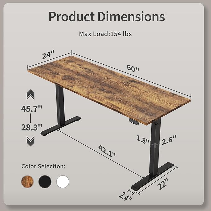 Agilestic Electric Standing Desk, Large 60 x 24 Inches Height Adjustable Desk, Sit Stand up for Work Office Home, Ergonomic Rising Computer Table with Memory Preset, Rustic Brown