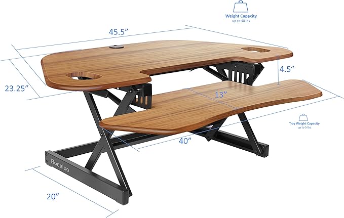 Rocelco 46" Large Height Adjustable Corner Standing Desk Converter - Quick Sit Stand Up Dual Monitor Riser - Gas Spring Assist Computer Workstation - Wide Keyboard Tray - Teak Wood Grain (R CADRT-46)