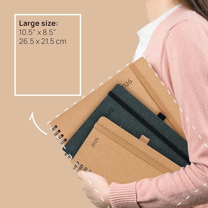 POPRUN 2026 Planner - 2026 Recycled Weekly Planner [Italian Regenrated Leather - Medium Size 8.5'' x 10.5''] - 2026 Weekly Planner with Hourly Schedule, Monthly Tabs-26-WERK7-BGY - Black Grey