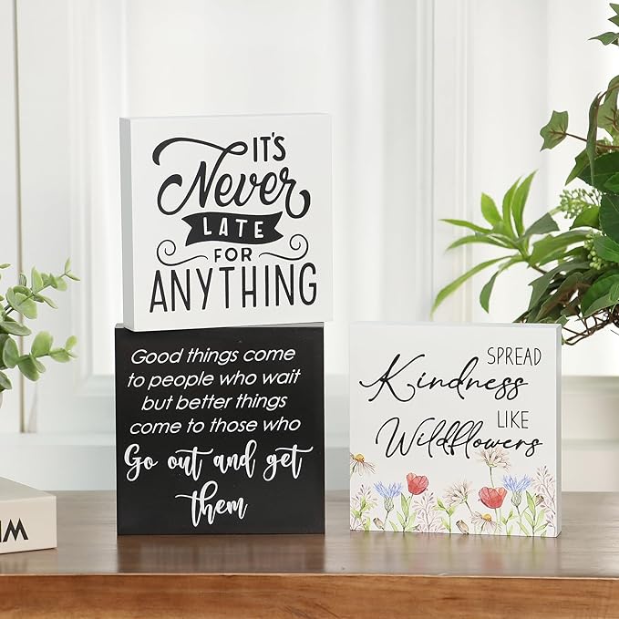 3 Pcs Inspirational Wood Box Sign Set, 5x5 Inches Motivational Quotes Wooden Blocks, Rustic Table Centerpiece Decorations