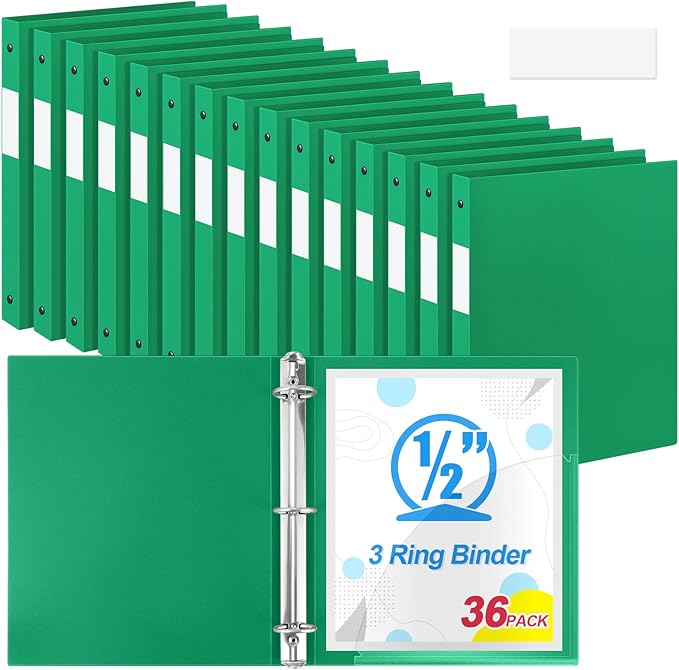 Henoyso 36 Pcs 3 Ring Binder 0.5 Inch Round Fits Letter Size 8.5'' x 11'' Paper Plastic Flexible Binder Bulk Holds 140 Sheets with 1 Pockets Versatile Organizer for Home Office School (Green)