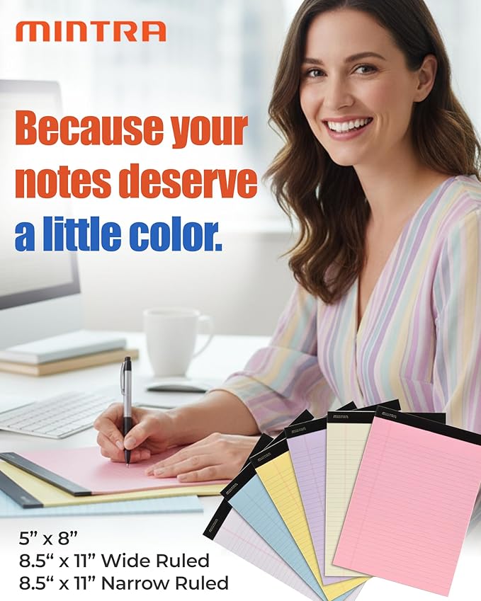Mintra Office Legal Pads, ((Basic 6pk - (Pastel Set #2), 5in x 8in, Narrow Ruled))