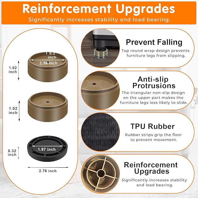 Furniture Risers Bed Risers Heavy Duty 1 inch, 2 inch, 3 inch, 4 inch Round Adjustable Bed Lifts Riser for Desk Legs Table Couch Sofa Chair Refrigerator Washing Machine (1+1 Inch, Brown, 4 Pack )