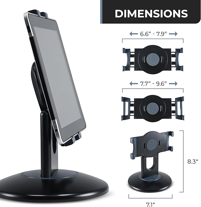 Aidata Tablet Stand - Compatible with iPad, iPad mini, and Most 6-Inch-13-Inch Tablets, Adjustable Commercial POS Holder with 360-Degree Swivel, for Retail, Classroom, Business, and Home, Black