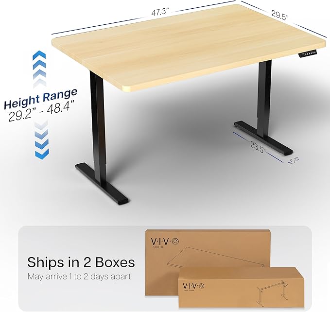 VIVO Electric 48 x 30 in Standing Desk, Memory Height Adjustment, 1B Series, Holds 220 lbs, One-Piece Light Wood Top, Black Frame, DESK-KIT-1B5C