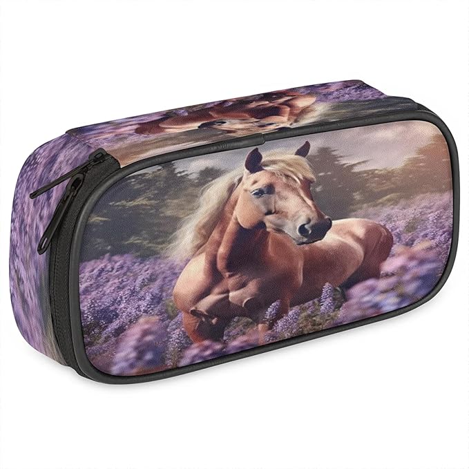 Pardick Pencil Case，Horse Lavender Big Capacity Pencil Pouch Coin Pouch Stationery Organizer For Teen School