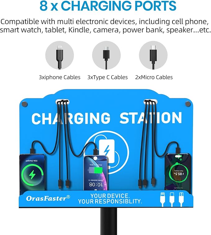 Orasfaster Floor Standing Cell Phone Charging Station Multi-Device Station with 8 Charger Ports Compatible with Smartphones Tablets Application for Schools, Office, Shopping Malls