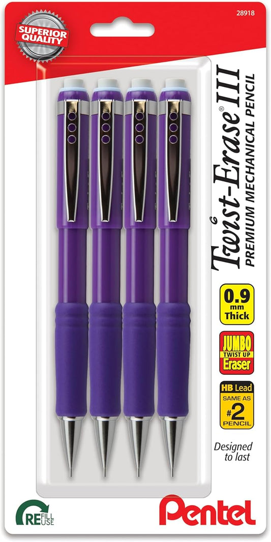 Pentel Twist-Erase III Mechanical Pencil, (0.9mm), Bold Line, Violet Barrel, Pack of 4 (QE519BP4V)