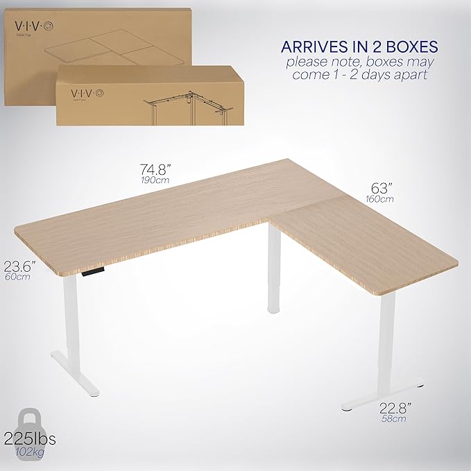 VIVO Electric Corner 75 x 63 inch L-Shaped Standing Desk, Memory Height Adjustment, Real Bamboo Top White Frame, DESK-E3CTWO-75