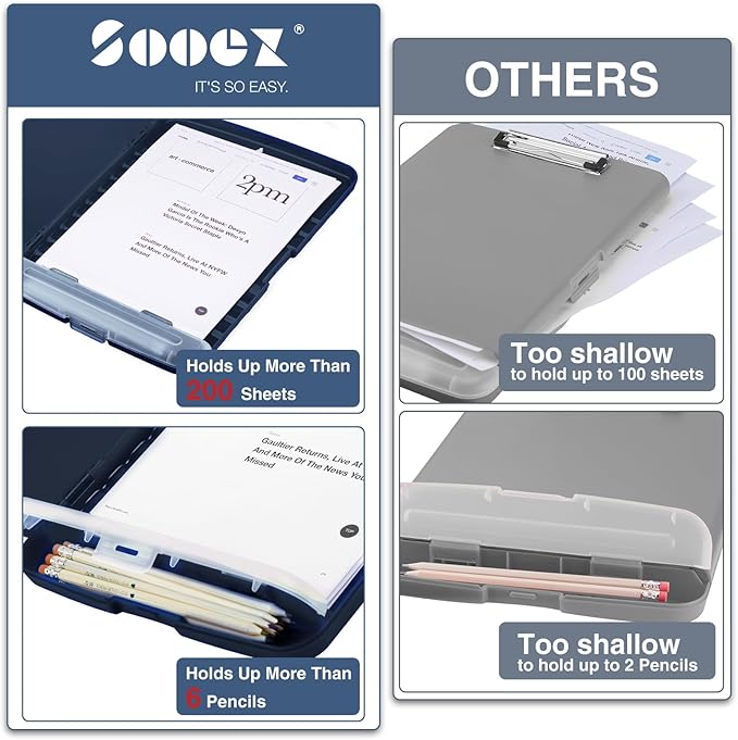 Sooez Clipboard with Storage, High Capacity Nursing Clip Board 8.5 x 11 with Pen Holder & Low Profile Clip, Plastic Clipboards Case Box, Teacher Must Haves School Office Supplies,Letter Size/ A4