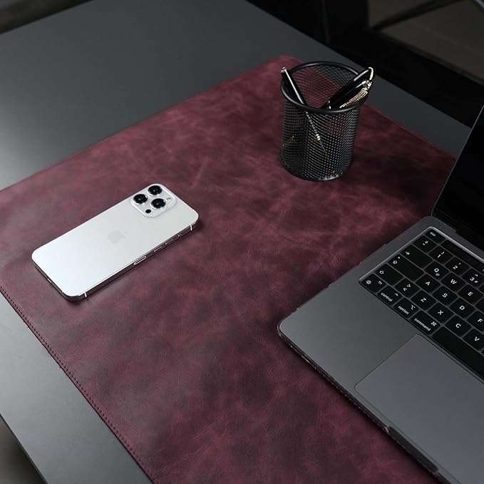 TORONATA Jersey Genuine Calfskin Leather Desk Pad, Office Desk Mat with Non-Slip Bottom, Smooth Surface for Mouse & Keyboard, Desk Protector (36x19 inches) (Dark Purple)