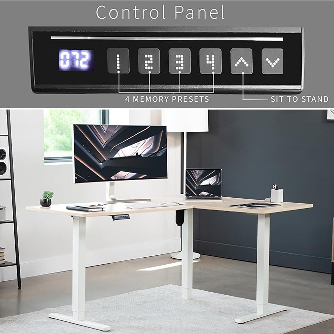 VIVO Electric Corner 63 x 47 inch L-Shaped Standing Desk, Memory Height Adjustment, Light Wood Top White Frame, DESK-E3CTWC-47