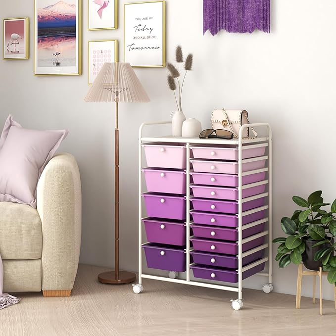 GOFLAME 15-Drawer Rolling Storage Cart, Craft Storage Cart with Removable Drawers & Lockable Wheels, Art Cart Supply Storage Organizer for Home Office Classroom, Purple Gradient