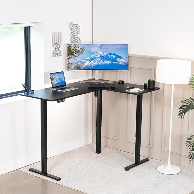 VIVO Electric Corner 63 x 47 inch L-Shaped Standing Desk, Memory Height Adjustment, Black Top Black Frame, DESK-E3CTB-47
