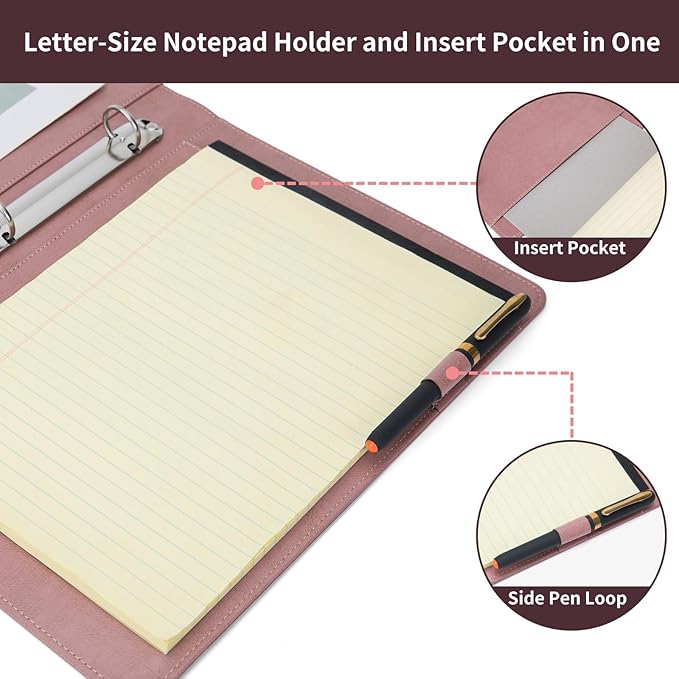 Geslun Vegan Leather 3 Ring Binder, 8.5 x 11 Letter Size Folio with Pen Holder, Soft Notebook Portfolio Cover, Slim Notepad Padfolio Thin File Organizer for Work Executive Meeting, Pink